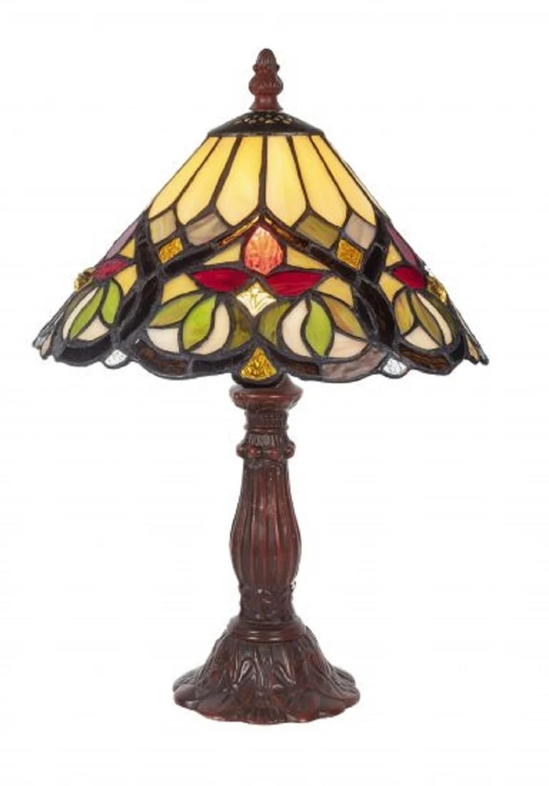 Casa Padrino Luxus Tiffany Tischleuchte Mehrfarbig / Braun Ø 25 x H. 34 cm - Dekorative Tiffany Hockerleuchte mit handgefertigtem Glas Lampenschirm