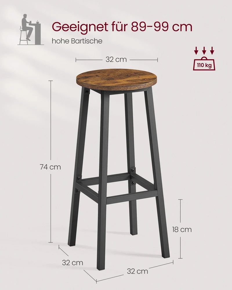 Barhocker 2er Set – Vintage Braun-Schwarz – Mit Fußstütze – 74 cm hoch – Industriedesign – Bis 110 kg belastbar