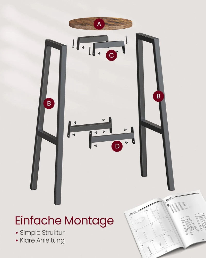 Barhocker 2er Set – Vintage Braun-Schwarz – Mit Fußstütze – 74 cm hoch – Industriedesign – Bis 110 kg belastbar