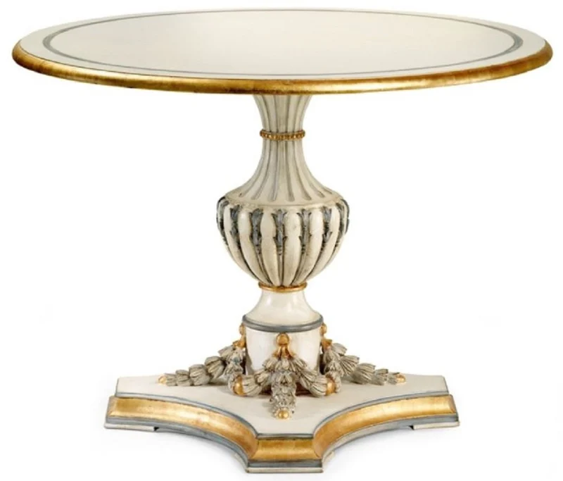 Casa Padrino Luxus Barock Esstisch Cremeweiß / Grau / Antik Gold - Runder Massivholz Esszimmertisch im Barockstil - Barock Esszimmer & Hotel Möbel - Luxus Qualität - Made in Italy