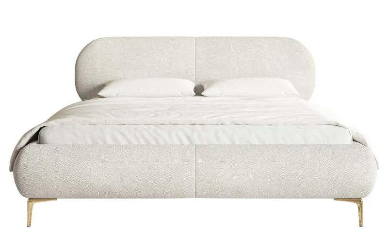 Polstermöbelbett 160x200 cm Ovalle mit Stauraum, Metallrahmen, cremefarbener Chenille, schwarze Beine