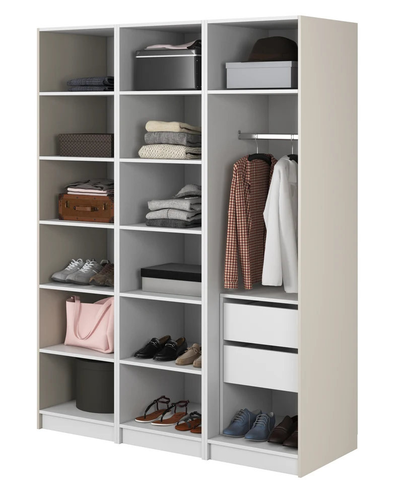Drehtürenschrank Moonir mit Kleiderstange, Regalen und Container, 150 cm, Grau-Beige