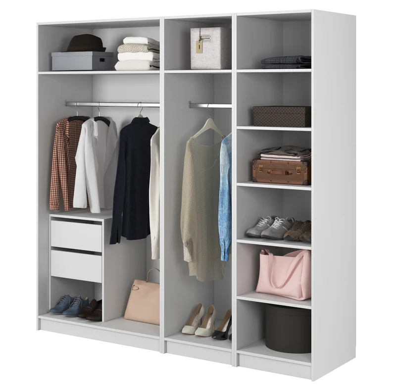 Vier­türiger Schrank Moonir mit zwei Kleiderstangen, Regalen und Container, 200 cm, Weiß