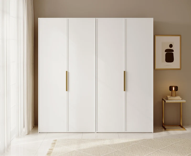 Vierflügeliger Schrank Frame mit zwei Kleiderstangen und Regalen, 200 cm, Weiß