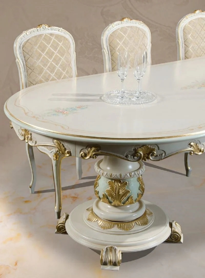 Casa Padrino Luxus Barock Esstisch Weiß / Cremefarben / Mehrfarbig / Gold - Ovaler Massivholz Esszimmertisch im Barockstil - Barock Esszimmer Möbel - Luxus Qualität - Made in Italy