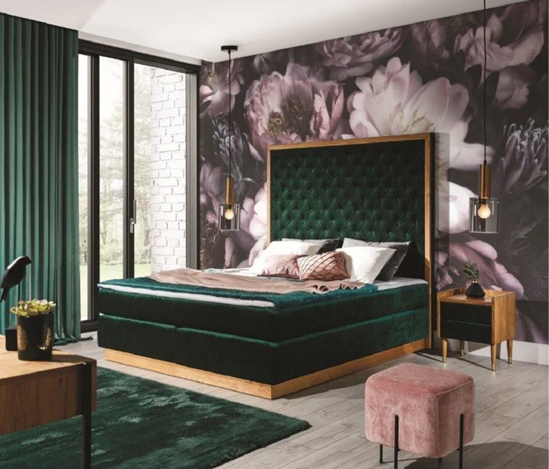 Casa Padrino Luxus Doppelbett Dunkelgrün / Naturfarben - Verschiedene Größen - Modernes Massivholz Bett mit Kopfteil - Moderne Schlafzimmer Möbel - Luxus Kollektion