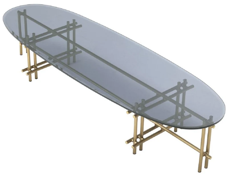 Casa Padrino Luxus Couchtisch Messingfarben / Grau 159 x 50 x H. 30 cm - Edelstahl Wohnzimmertisch mit Glasplatte - Wohnzimmer Möbel - Luxus Qualität