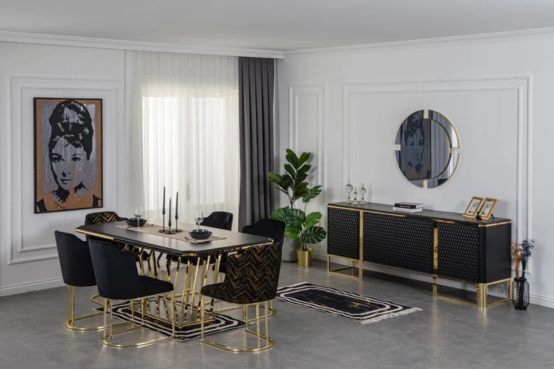 Casa Padrino Luxus Esszimmer Möbel Set Schwarz / Gold - 1 Esszimmertisch & 6 Esszimmerstühle - Luxus Esszimmer Möbel