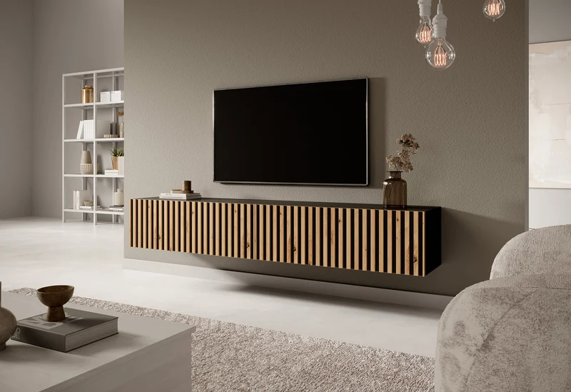 TV-Schrank Telire 175 cm schwarz mit lamellenförmiger Front Artisan-Eiche