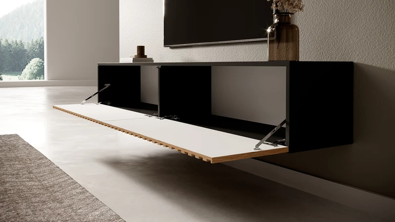 TV-Schrank Telire 175 cm schwarz mit lamellenförmiger Front Artisan-Eiche