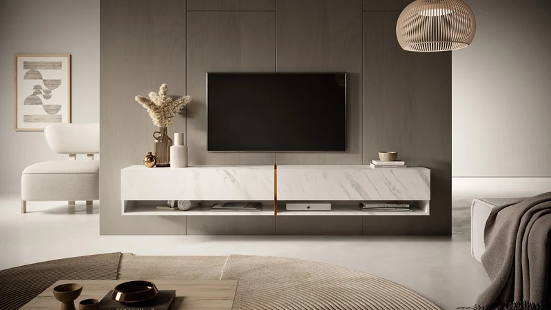 TV-Schrank Mirrgo 200 cm weißer Marmor mit goldener Einlage