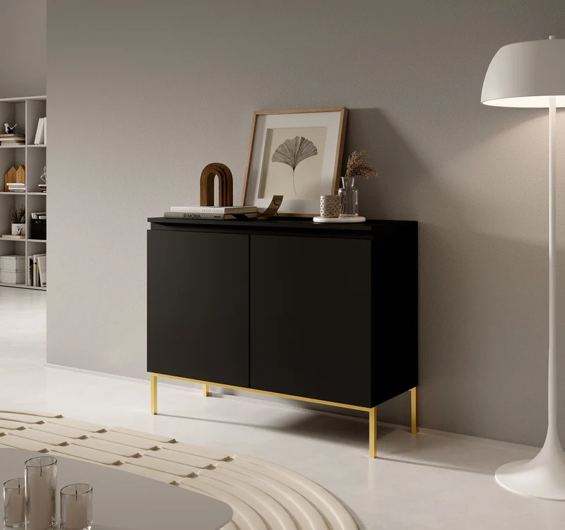 Zweiturige Kommode Bemmi 100 cm schwarz mit goldenen Beinen