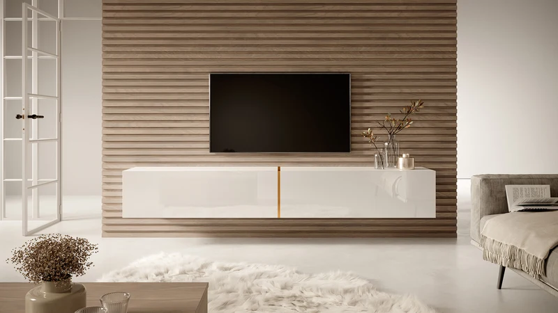TV-Schrank Bisira 200 cm weiß mit goldenem Einsatz