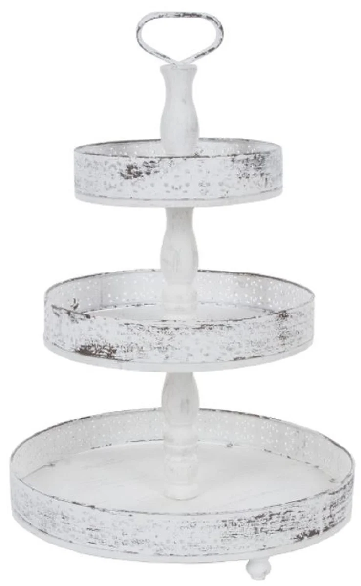 Casa Padrino Landhausstil Shabby Chic Etagere 3-Stufig Antik Weiß Ø 40 x H. 66 cm - Gastronomie Accessoires