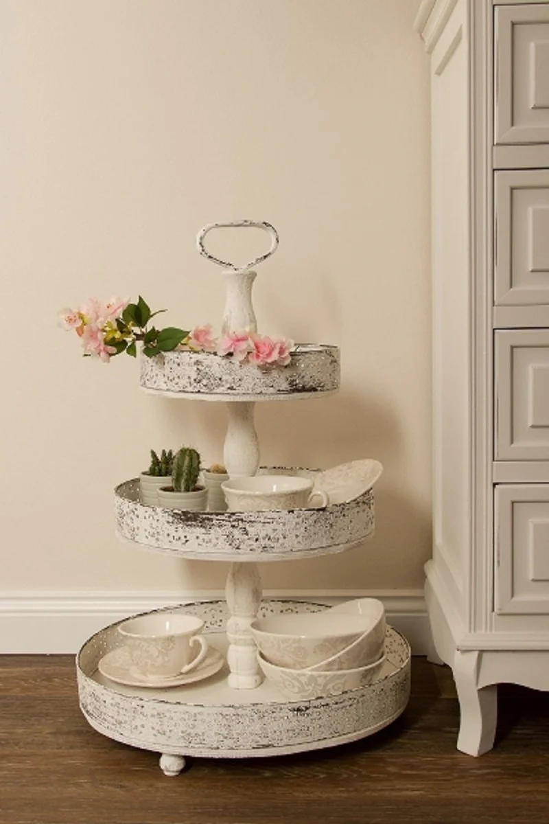 Casa Padrino Landhausstil Shabby Chic Etagere 3-Stufig Antik Weiß Ø 40 x H. 66 cm - Gastronomie Accessoires