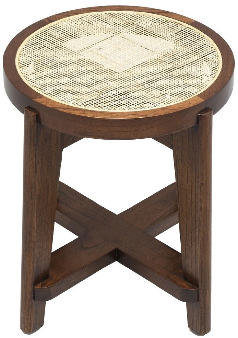 Casa Padrino Luxus Hocker Braun / Naturfarben Ø 44,5 x H. 47 cm - Runder Massivholz Sitzhocker mit Rattangeflecht - Wohnzimmer Möbel