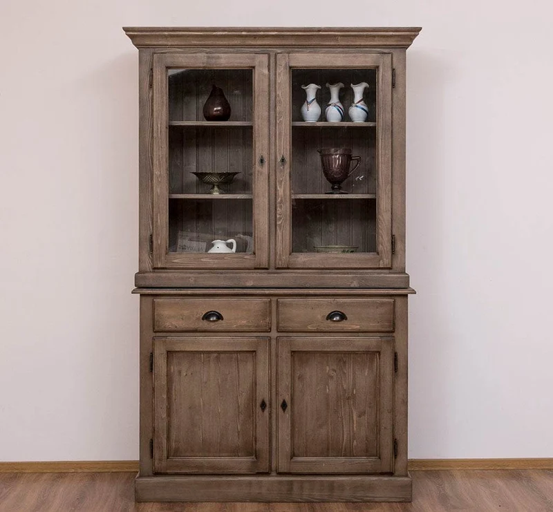 Geschirrvitrine aus Massivholz | 2 Schubladen | 4 Türen | 2- teilig