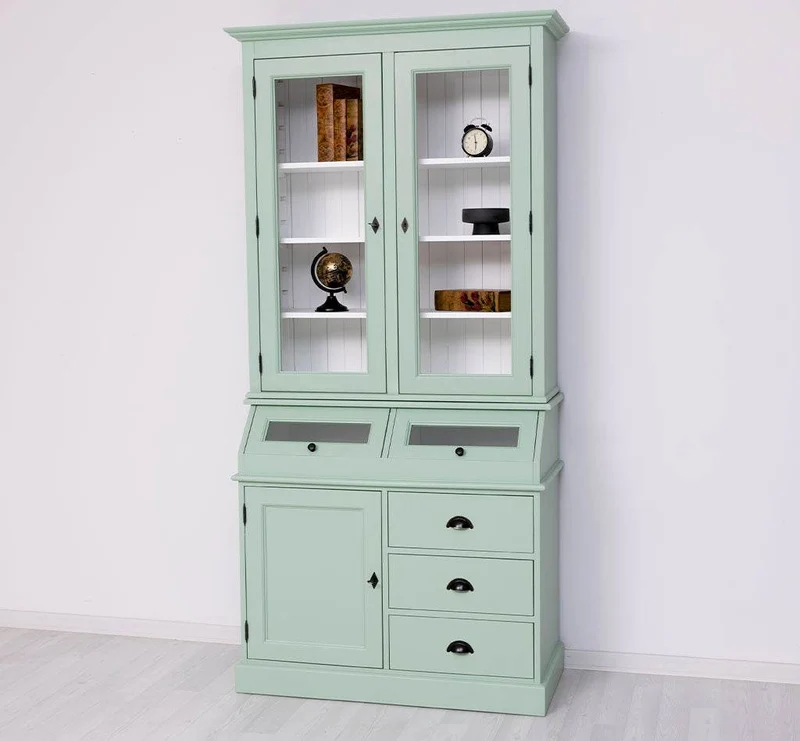 Schmaler Vitrinenschrank aus Massivholz mit Kippfächern | Geschirrschrank mit Display | 2- teilig