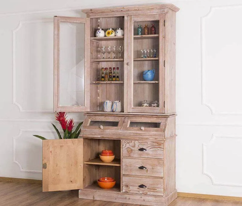 Schmaler Vitrinenschrank aus Massivholz mit Kippfächern | Geschirrschrank mit Display | 2- teilig