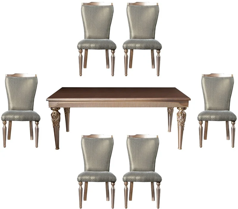 Casa Padrino Luxus Barock Esszimmer Set Grün / Silber / Kupfer / Gold - 1 Esstisch & 6 Esszimmerstühle - Barock Esszimmer Möbel - Edel & Prunkvoll
