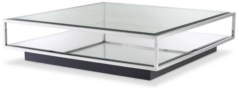 Casa Padrino Luxus Couchtisch Silber / Schwarz 120 x 120 x H. 30 cm - Quadratischer Edelstahl Wohnzimmertisch mit Spiegelglas und Glasplatte - Wohnzimmer Möbel - Luxus Qualität