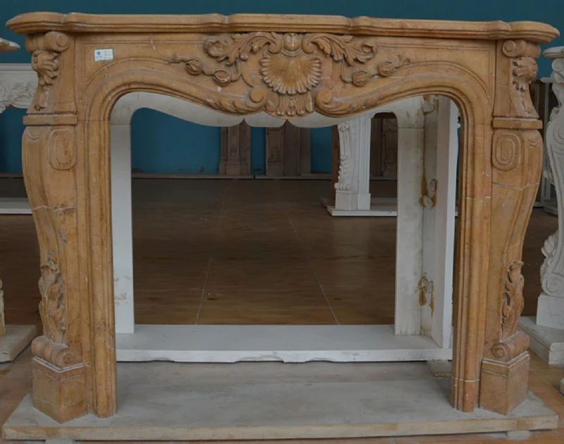 Casa Padrino Luxus Barock Kaminumrandung Gelb 150 x 30 x H. 111 cm - Prunkvolle Kamin Umrandung aus hochwertigem Marmor - Barock Kamin Deko Accessoires - Edel & Prunkvoll