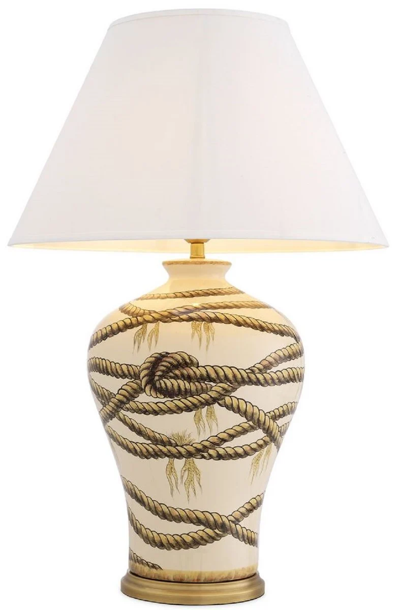 Casa Padrino Luxus Tischleuchte Beige / Antik Messingfarben / Weiß Ø 56 x H. 86 cm - Handbemalte Porzellan Tischlampe - Luxus Kollektion