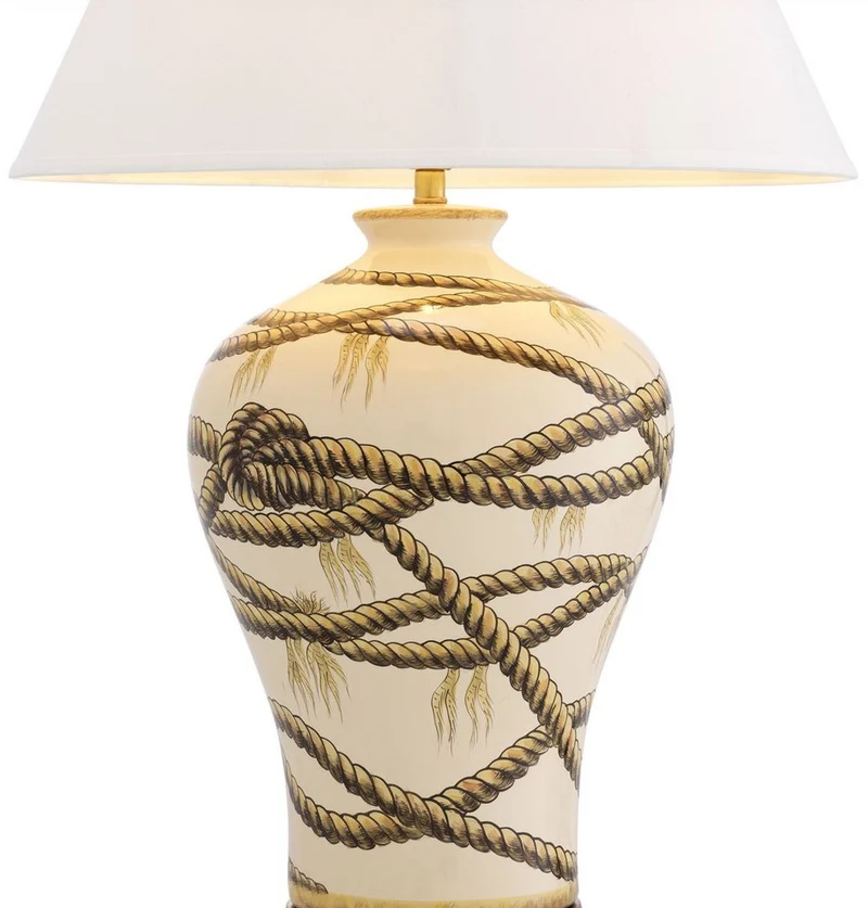 Casa Padrino Luxus Tischleuchte Beige / Antik Messingfarben / Weiß Ø 56 x H. 86 cm - Handbemalte Porzellan Tischlampe - Luxus Kollektion