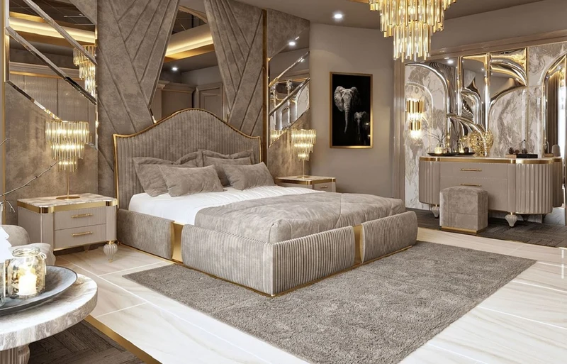Casa Padrino Luxus Art Deco Doppelbett Grau / Gold - Edles Massivholz Bett mit Kopfteil - Art Deco Schlafzimmer & Hotel Möbel
