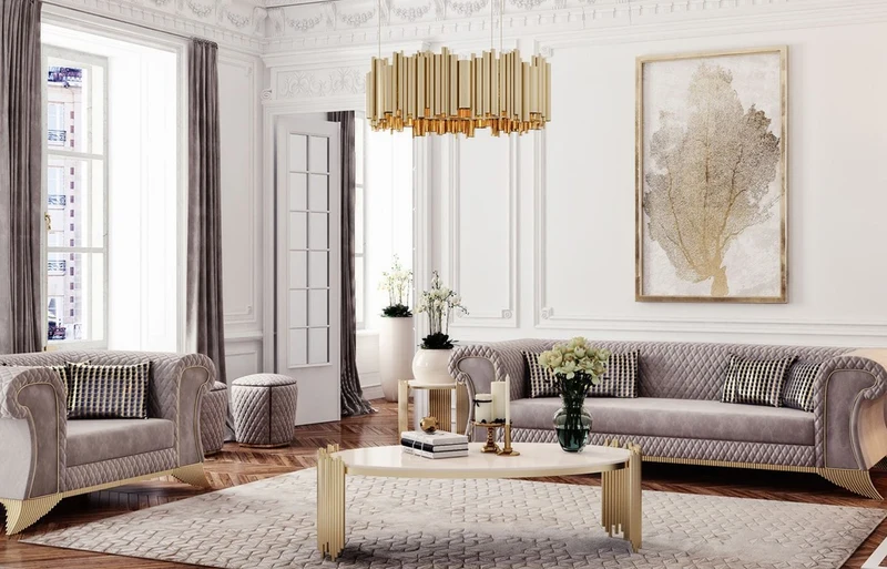 Casa Padrino Luxus Art Deco Sofa Grau / Gold - Wohnzimmer Sofa - Hotel Sofa - Luxus Art Deco Wohnzimmer & Hotel Möbel