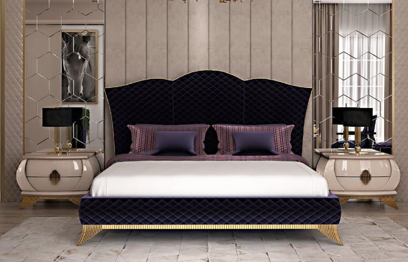 Casa Padrino Luxus Art Deco Doppelbett Lila / Gold - Edles Massivholz Bett mit Kopfteil - Art Deco Schlafzimmer & Hotel Möbel - Luxus Kollektion