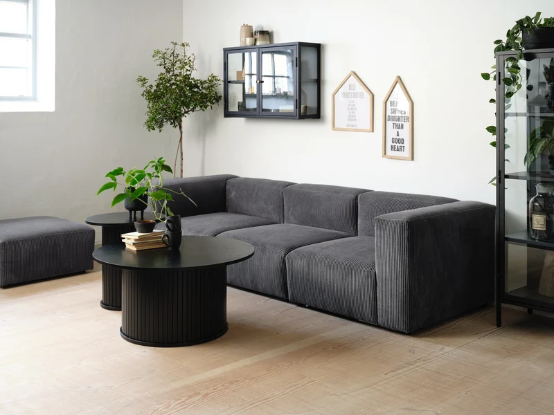 Runder Couchtisch Gativel 50 cm Lamellen Eiche Schwarz
