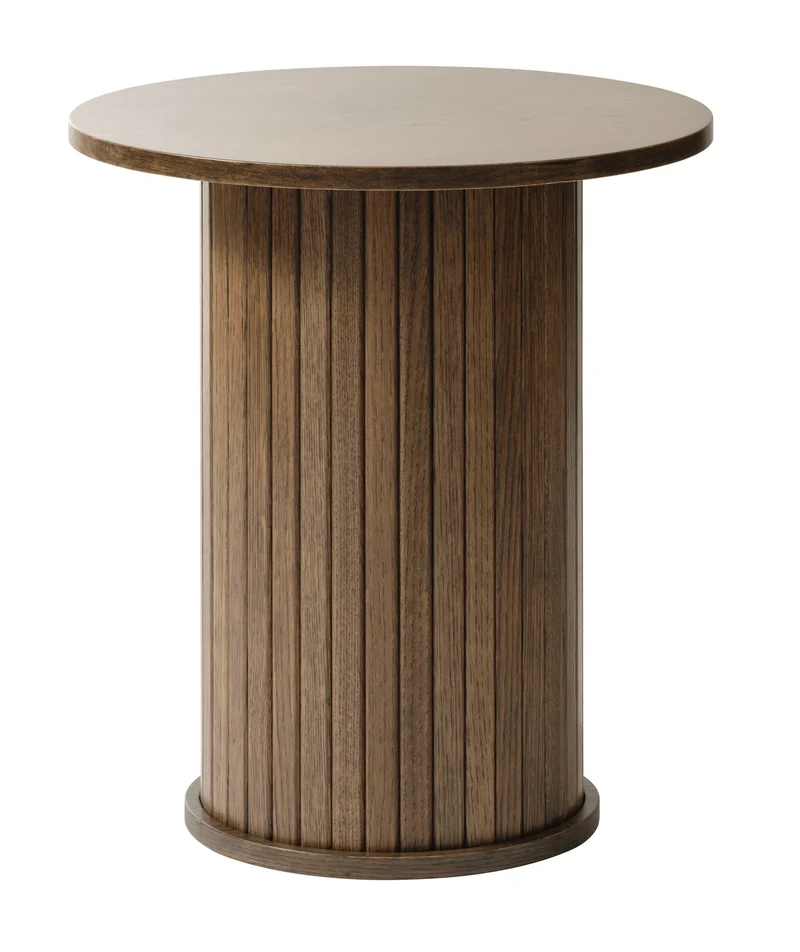 Runder Couchtisch Gativel 50 cm mit Lamellen in gebranntem Eichenholz