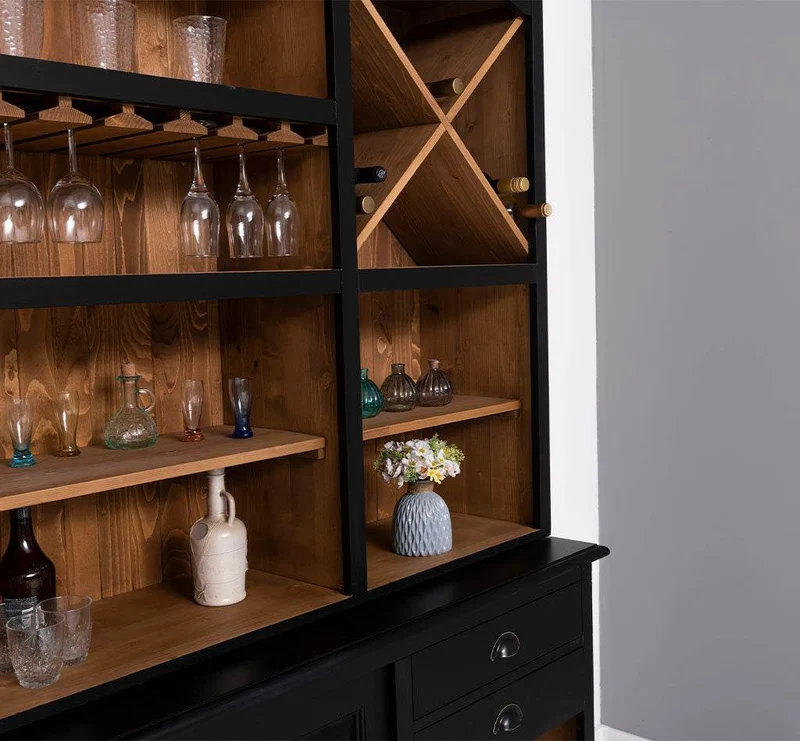 Großer Buffetschrank aus Massivholz | Wohnzimmerschrank mit Glashaltern und Weinfächern