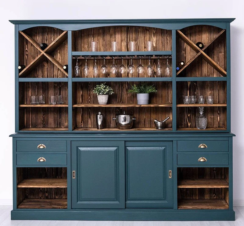 Großer Buffetschrank aus Massivholz | Wohnzimmerschrank mit Glashaltern und Weinfächern