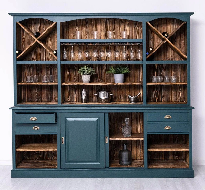 Großer Buffetschrank aus Massivholz | Wohnzimmerschrank mit Glashaltern und Weinfächern