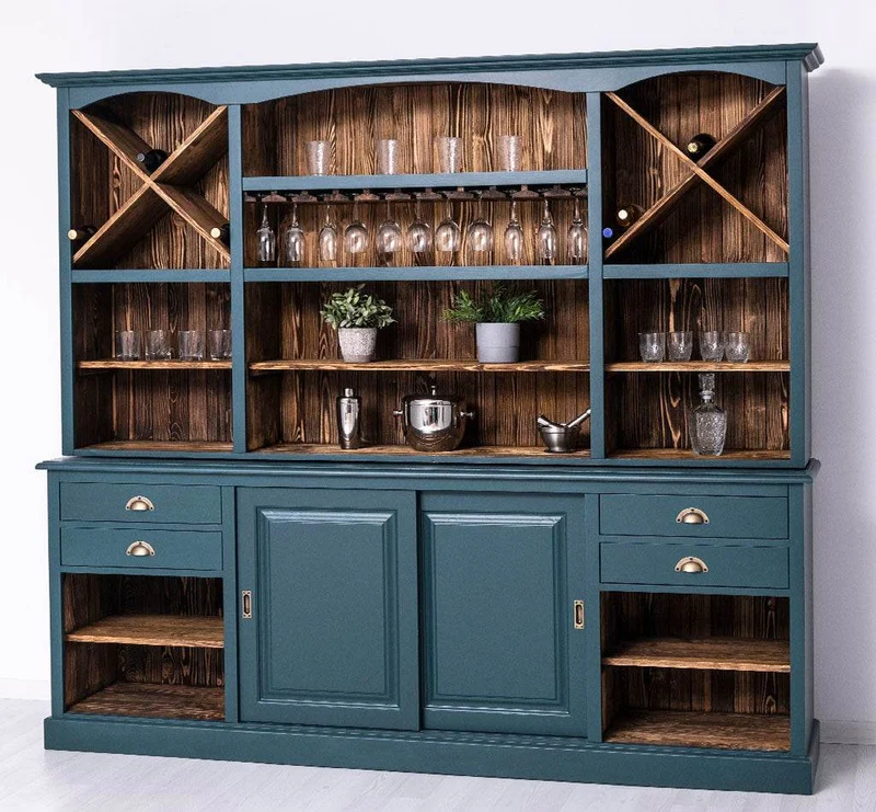 Großer Buffetschrank aus Massivholz | Wohnzimmerschrank mit Glashaltern und Weinfächern