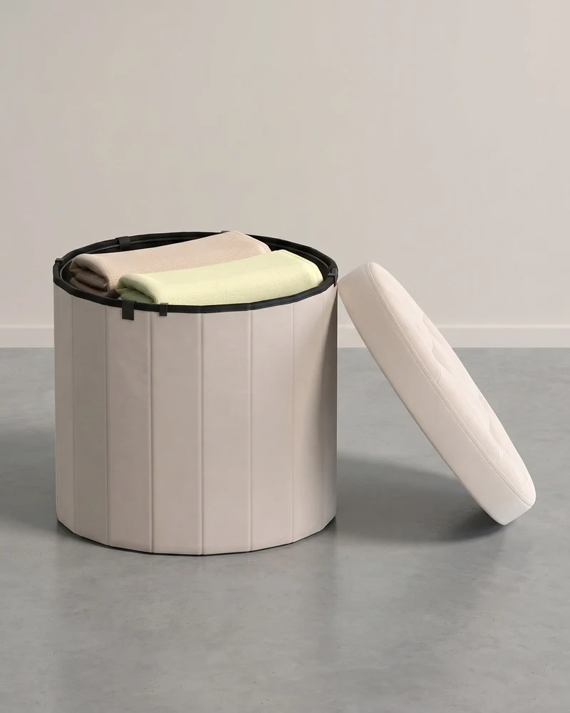 Runder Sitzhocker - Klappbarer Pouf Mit Stauraum - Mit Abnehmbarem Deckel
