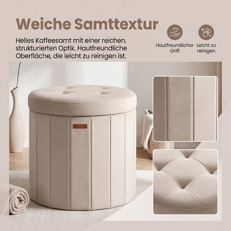 Runder Sitzhocker - Klappbarer Pouf Mit Stauraum - Mit Abnehmbarem Deckel