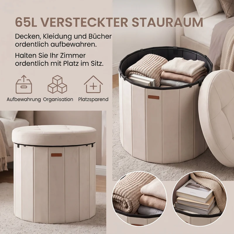 Runder Sitzhocker - Klappbarer Pouf Mit Stauraum - Mit Abnehmbarem Deckel