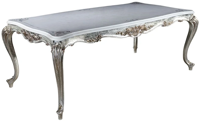 Casa Padrino Luxus Barock Esszimmer Set Hellblau / Silber - 1 Esstisch & 6 Esszimmerstühle - Barock Esszimmer Möbel - Edel & Prunkvoll