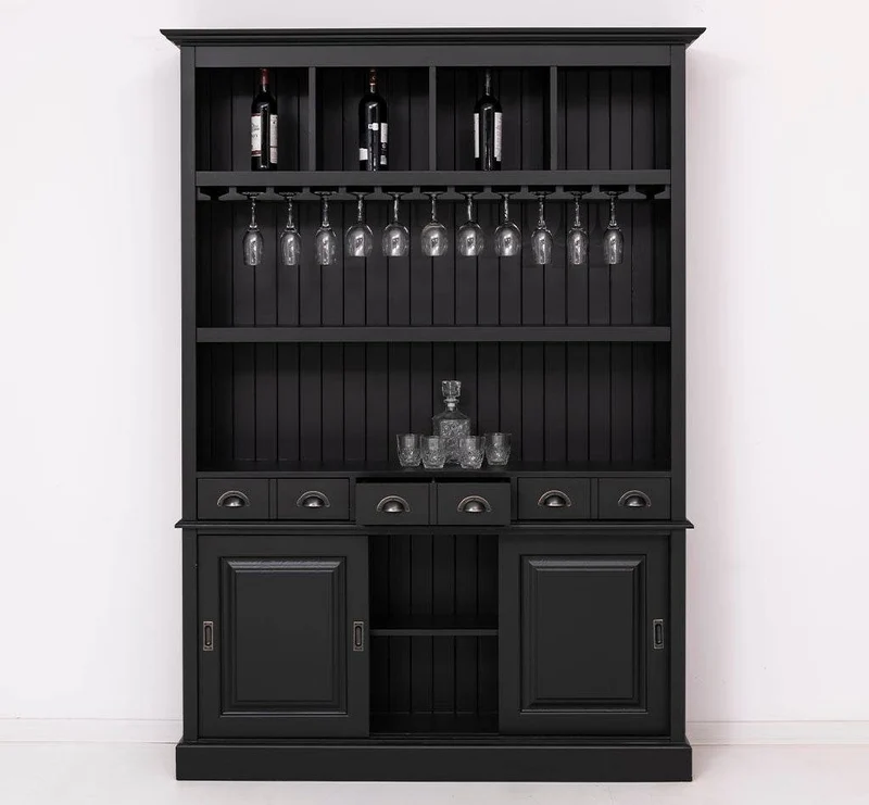 Buffetschrank aus Massivholz mit Glashalterungen in schwarz