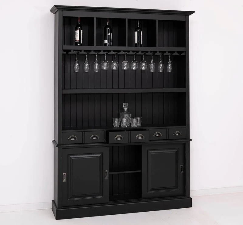 Buffetschrank aus Massivholz mit Glashalterungen in schwarz