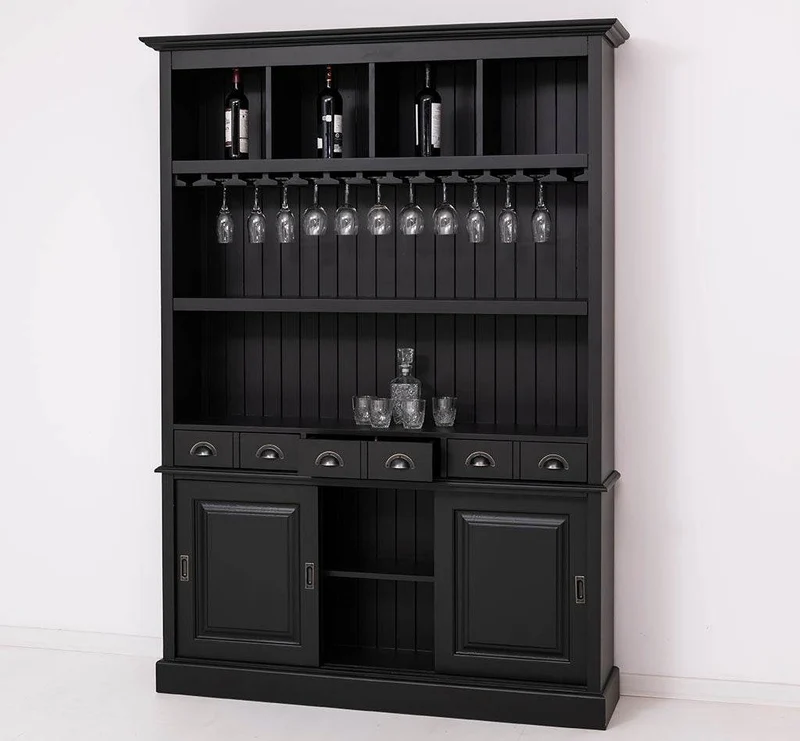Buffetschrank aus Massivholz mit Glashalterungen in schwarz