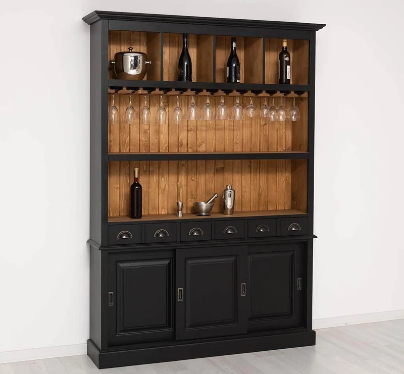 Buffetschrank aus Massivholz mit Glashalterungen in schwarz