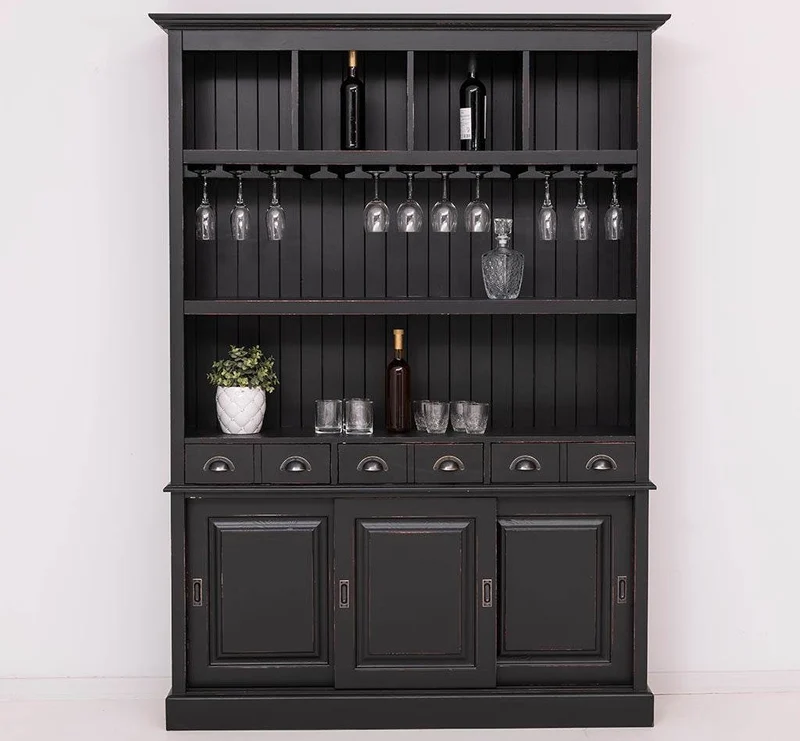 Buffetschrank aus Massivholz mit Glashalterungen in schwarz