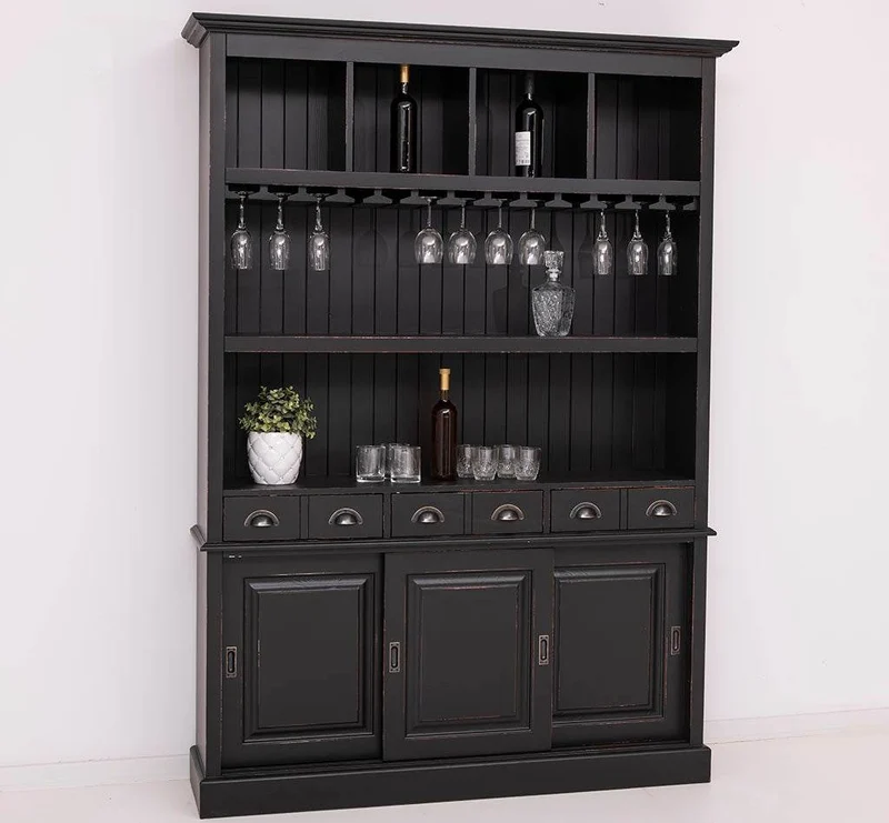 Buffetschrank aus Massivholz mit Glashalterungen in schwarz