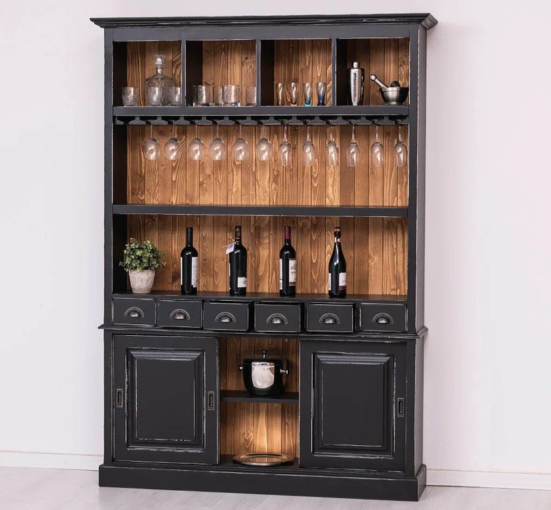 Buffetschrank aus Massivholz mit Glashalterungen in schwarz