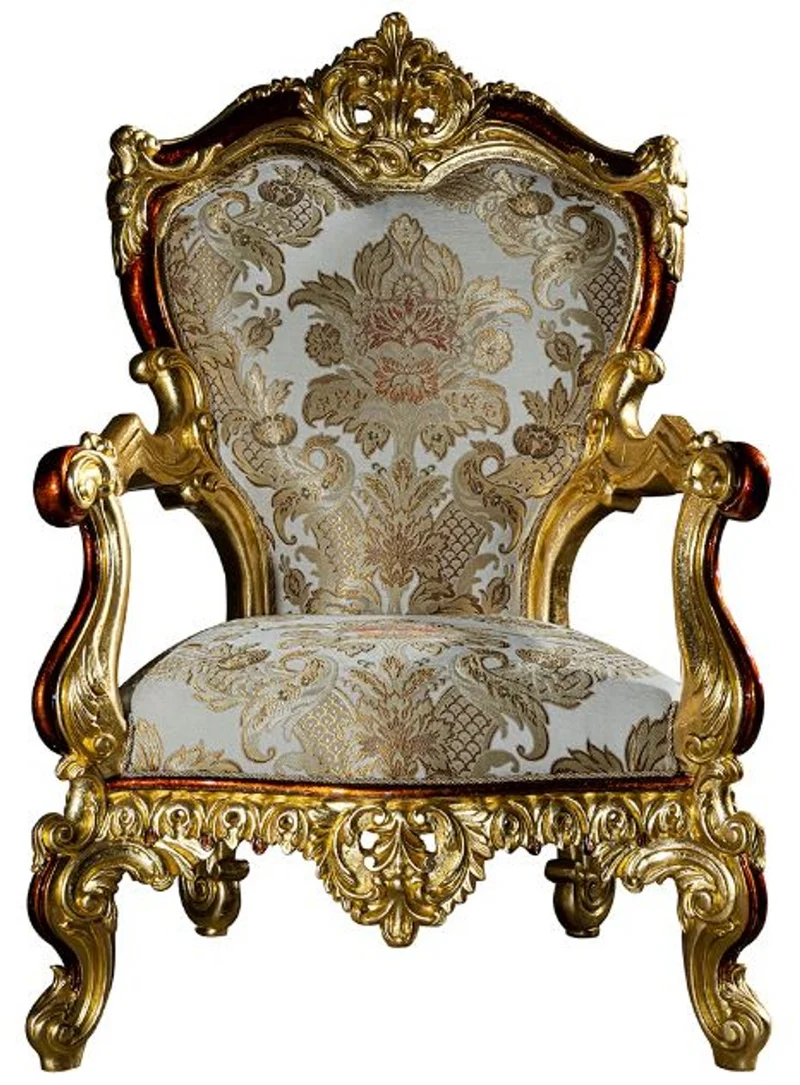 Casa Padrino Luxus Barock Sessel Grau / Rot / Gold 82 x 78 x H. 123 cm - Prunkvoller Massivholz Wohnzimmer Sessel mit elegantem Muster - Barock Möbel