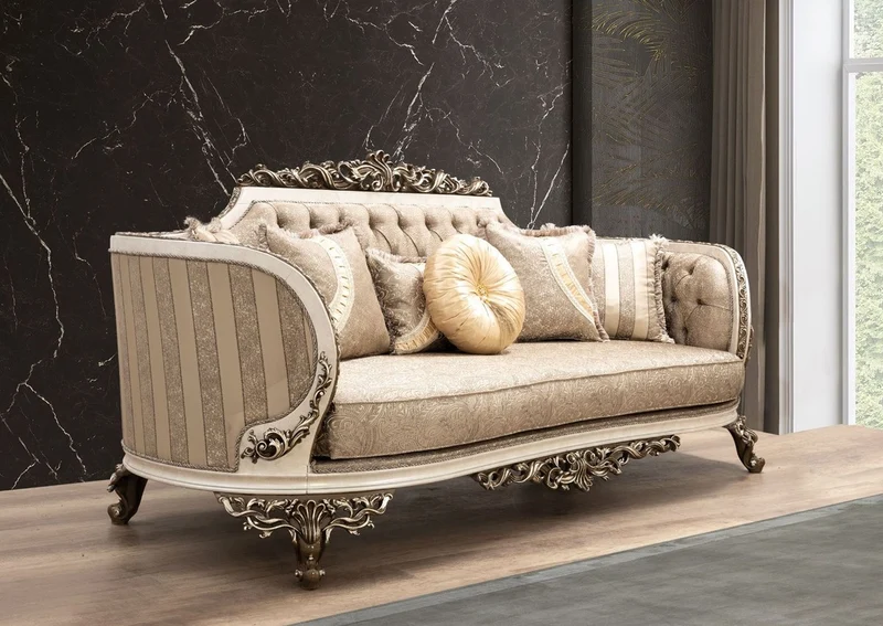 Casa Padrino Luxus Barock Sofa Beige / Cremefarben / Braun / Gold - Prunkvolles Wohnzimmer Sofa mit elegantem Muster - Barock Wohnzimmer Möbel